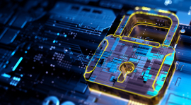 Une image holographique d’un cadenas superposée à une carte de circuits imprimés.