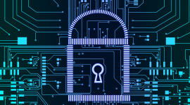 Une image stylisée d’un cadenas superposée à une carte de circuits imprimés.
