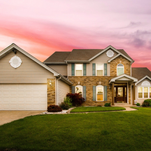 Large, modern house with an attractive front yard.