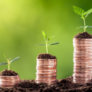 concept de l’investissement ESG illustré par de la monnaie empilée et des semis qui poussent au-dessus. 