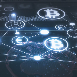 Symboles de dollar et de bitcoin connectés par un réseau de chaînes de blocs