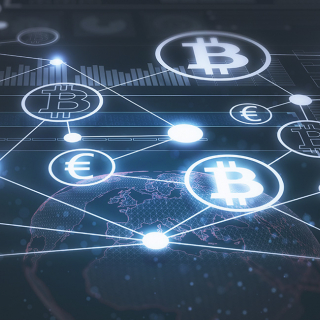 Blockchain technology network connecting Bitcoin and dollar signs