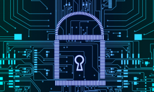 Une image stylisée d’un cadenas superposée à une carte de circuits imprimés.